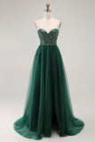 Dark Green Sequin Strapless A Line Long Prom Dress