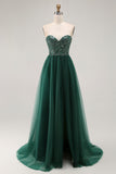Dark Green A Line Sweetheart Strapless Tulle Long Prom Dress with Slit