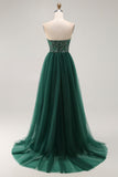 Dark Green A Line Sweetheart Strapless Tulle Long Prom Dress with Slit