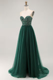 Dark Green A Line Sweetheart Strapless Tulle Long Prom Dress with Slit