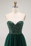Dark Green A Line Sweetheart Strapless Tulle Long Prom Dress with Slit