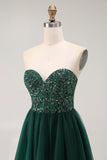 Dark Green A Line Sweetheart Strapless Tulle Long Prom Dress with Slit