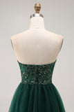 Dark Green A Line Sweetheart Strapless Tulle Long Prom Dress with Slit