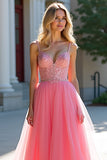 Blush Pink A-Line Sequin Tulle Prom Dress