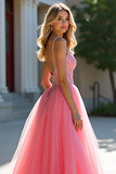 Blush Pink A-Line Sequin Tulle Prom Dress