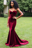 Simple Burgundy Mermaid Strapless Long Prom Dress