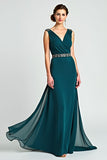 Peacock Sheath Wrap V Neck Chiffon Long Mother of the Bride Dress with Beading