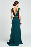 Peacock Sheath Wrap V-Neck Chiffon Mother of the Bride Dress with Beading