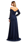 Navy Sheath Off the Shoulder Long Sleeves Chiffon Mother of the Bride Dress