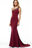 Glitter Burgundy Mermaid One Shoulder Long Mother of the Bride Dress with Beading