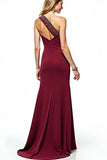 Glitter Burgundy Mermaid One Shoulder Long Mother of the Bride Dress with Beading