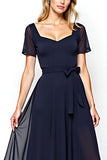 Navy Square Neck Short Sleeves A-Line Chiffon Long Mother of the Bride Dress