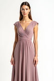 Dusty Rose A-Line Wrap V-Neck Pleating Chiffon Long Mother of the Bride Dress