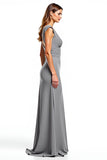 Silver Sheath V-Neck Cap Sleeves Ruched Long Mother of the Bride Dress