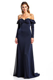 Navy Sheath Ruffled Off the Shoulder Long Sleeves Mother of the Bride Dress