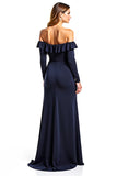 Navy Sheath Ruffled Off the Shoulder Long Sleeves Mother of the Bride Dress