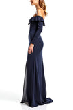 Navy Sheath Ruffled Off the Shoulder Long Sleeves Mother of the Bride Dress