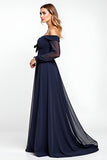 Navy Sheath Off the Shoulder Chiffon Long Mother of the Bride Dress with Bow