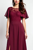 Burgundy Sheath Ruffle Sleeves Laced Chiffon Long Mother of the Bride Dress with Slit