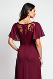 Burgundy Sheath Ruffle Sleeves Laced Chiffon Long Mother of the Bride Dress with Slit