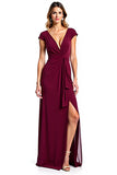 Burgundy Sheath V-Neck Cap Sleeves Ruched Long Mother of the Bride Dress with Slit