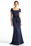 Navy Sheath Square Neck Short Sleeves Long Mother of the Bride Dress with Bow