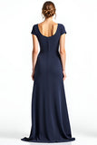 Navy Sheath Square Neck Short Sleeves Long Mother of the Bride Dress with Bow