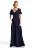 Navy Sheath V-Neck Short Sleeves Chiffon Long Mother of the Bride Dress