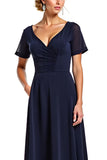 Navy Sheath V-Neck Short Sleeves Chiffon Long Mother of the Bride Dress