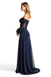 Navy Sheath Ruffle Off the Shoulder Chiffon Mother of the Bride Dress with Long Sleeves