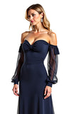 Navy Sheath Ruffle Off the Shoulder Chiffon Mother of the Bride Dress with Long Sleeves