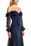 Navy Sheath Ruffle Off the Shoulder Chiffon Mother of the Bride Dress with Long Sleeves