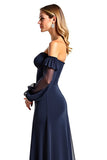 Navy Sheath Ruffle Off the Shoulder Chiffon Mother of the Bride Dress with Long Sleeves