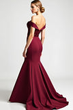 Sparkly Burgundy Sheath Off the Shoulder Long Mother of the Bride Dress with Sequins