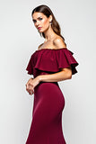 Burgundy Mermaid Ruffle Off the Shoulder Satin Long Formal Dress with Lace