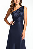 Navy Sheath One Shoulder Pleated Satin Long Mother of the Bride Dress