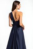 Navy Sheath One Shoulder Pleated Satin Long Mother of the Bride Dress