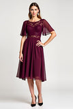 Cabernet A-Line Scoop Ruffle Sleeves Chiffon Knee Length Mother of the Bride Dress with Lace