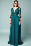 Peacock A-Line V-Neck Long Sleeves Long Formal Dress with Lace