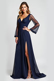 Navy A-Line V-Neck Chiffon Long Sleeves Mother of the Bride Dress with Slit