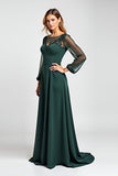 Pine A-Line Chiffon Long Sleeves Mother of the Bride Dress with Lace