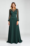 Pine A-Line Chiffon Long Sleeves Mother of the Bride Dress with Lace