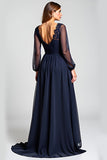 Navy A-Line V-Neck Long Sleeves Chiffon Mother of the Bride Dress with Lace