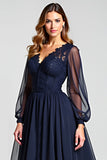 Navy A-Line V-Neck Long Sleeves Chiffon Mother of the Bride Dress with Lace