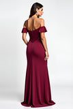 Burgundy Glitter Mermaid Off the Shoulder Long Prom Dress with Sequins