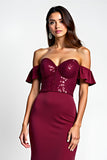 Burgundy Glitter Mermaid Off the Shoulder Long Prom Dress with Sequins