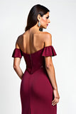 Burgundy Glitter Mermaid Off the Shoulder Long Prom Dress with Sequins