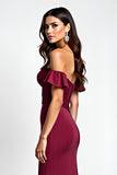 Burgundy Glitter Mermaid Off the Shoulder Long Prom Dress with Sequins