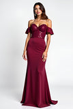 Burgundy Glitter Mermaid Off the Shoulder Long Prom Dress with Sequins