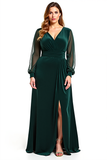 A Line Pine V Neck Long Sleeves Long Mother Of Bride Dress
